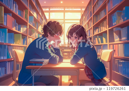 図書室で女子高生と男子校生 119726261