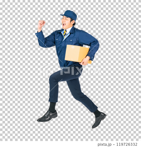 荷物を持ってジャンプする配達員・デリバリースタッフ　手作業で精密に切り抜いた背景透過全身写真PNG 119726332