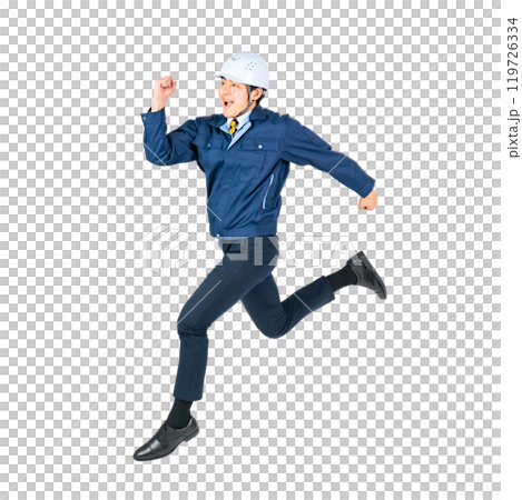 Jumping male worker - Full body photo PNG with transparent background precisely cut out by hand 119726334