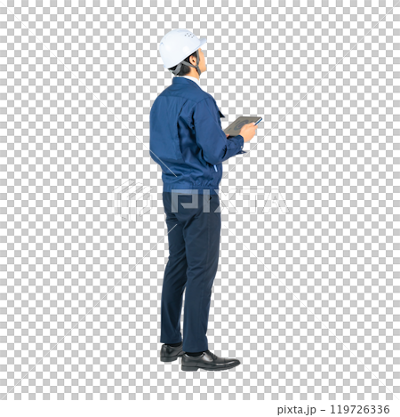 Male worker inspecting with a tablet. Full-body photo PNG with transparent background precisely cut by hand 119726336