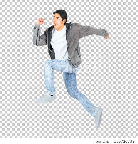 A man in casual clothing jumping. A transparent full-body photo PNG precisely cut by hand 119726338