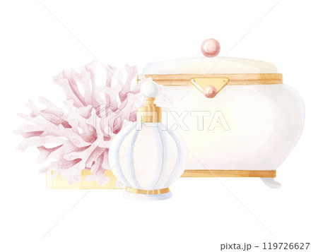 Vintage womens accessories and beauty little things watercolor illustration with white jewelry box with pearls, gold perfume bottle and corals. Hand drawn retro wedding designs in colonial style 119726627