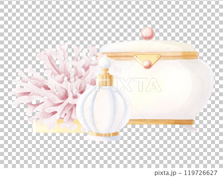 Vintage womens accessories and beauty little things watercolor illustration with white jewelry box with pearls, gold perfume bottle and corals. Hand drawn retro wedding designs in colonial style 119726627