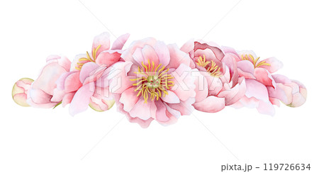 Watercolor peonies flowers horizontal banner template illustration isolated on white background. Elegant garden rose for spring wedding design and pastel floral greeting cards. Hand drawn clipart Watercolor peonies flowers horizontal banner template illustration isolated on white background. Elegant garden rose for spring wedding design and pastel floral greeting cards. Hand drawn clipart 119726634