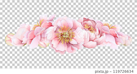 Watercolor peonies flowers horizontal banner template illustration isolated on white background. Elegant garden rose for spring wedding design and pastel floral greeting cards. Hand drawn clipart Watercolor peonies flowers horizontal banner template illustration isolated on white background. Elegant garden rose for spring wedding design and pastel floral greeting cards. Hand drawn clipart 119726634