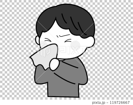 鼻水をかむ男の子のイラスト、モノクロ 鼻水をかむ男の子のイラスト、モノクロ 119726667