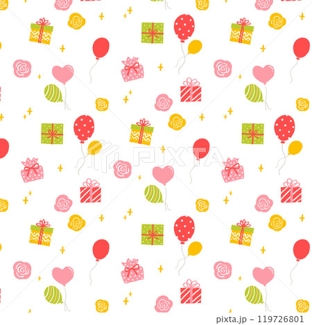 かわいいプレゼントと風船と花のパターンイラスト 119726801