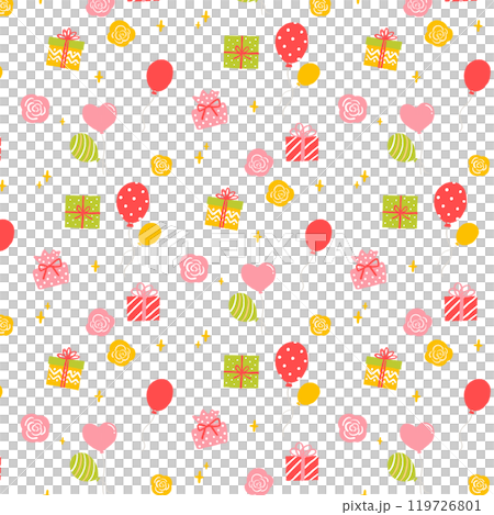かわいいプレゼントと風船と花のパターンイラスト 119726801