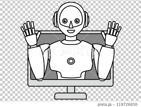 PCから飛び出るシンプルなアンドロイド型ロボットのイラスト（モノクロ） 119726830