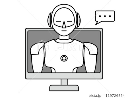 PCから飛び出るシンプルなアンドロイド型ロボットのイラスト（モノクロ） 119726834