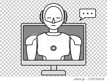 PCから飛び出るシンプルなアンドロイド型ロボットのイラスト（モノクロ） 119726834