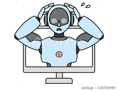 PCから飛び出るシンプルなアンドロイド型ロボットのイラスト PCから飛び出るシンプルなアンドロイド型ロボットのイラスト 119726849