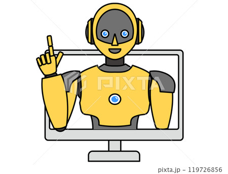 PCから飛び出るシンプルなアンドロイド型ロボットのイラスト PCから飛び出るシンプルなアンドロイド型ロボットのイラスト 119726856