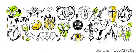 Spray paint graffiti inky bear, smile face emoji, coffin with cross and street art goth stickers 119727205