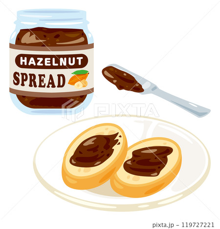 瓶入りのヘーゼルナッツチョコレートスプレッドと皿に盛られたバゲット 119727221