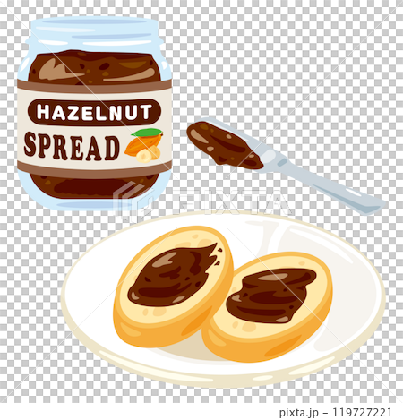 A jar of hazelnut chocolate spread and a plate of baguettes 119727221