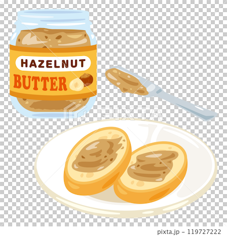 罐子裡裝著榛果醬，盤子裡裝著法國麵包 119727222