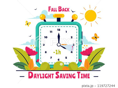 Daylight Saving Time Vector Illustration with Alarm Clock and Calendar Transitioning from Summer to Fall in a Flat Style Cartoon Background Design Daylight Saving Time Vector Illustration with Alarm Clock and Calendar Transitioning from Summer to Fall in a Flat Style Cartoon Background Design 119727244