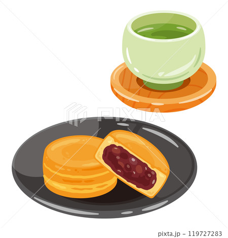 お茶と皿に盛られた今川焼き お茶と皿に盛られた今川焼き 119727283