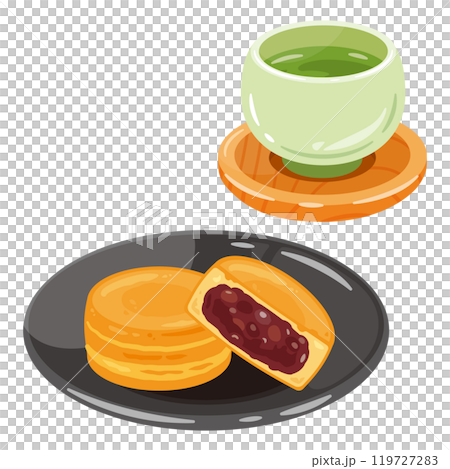 今川燒與茶一起盛在盤子裡 今川燒與茶一起盛在盤子裡 119727283