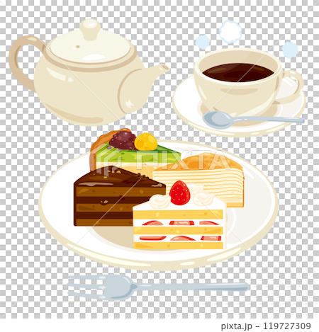 Various cakes on a plate and a coffee set 119727309
