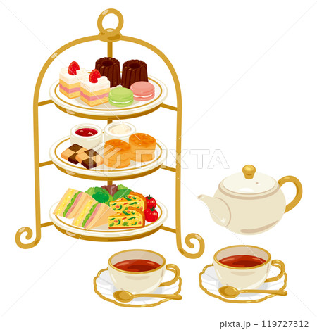 アフタヌーンティースタンドに乗った軽食と紅茶セット 119727312