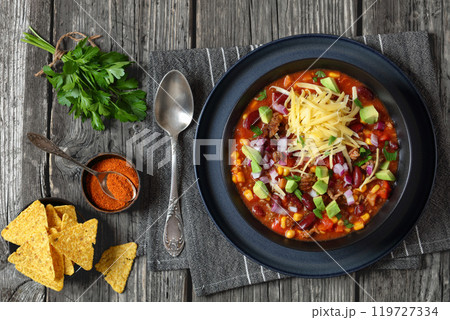 taco soup with kidney bean, corn, ground beef 119727334