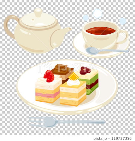 皿に盛られた小さな四角いケーキと紅茶セット 皿に盛られた小さな四角いケーキと紅茶セット 119727356