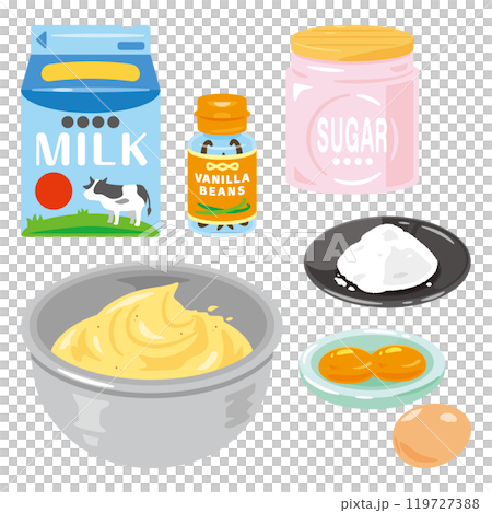 Custard cream in a bowl and ingredients Custard cream in a bowl and ingredients 119727388