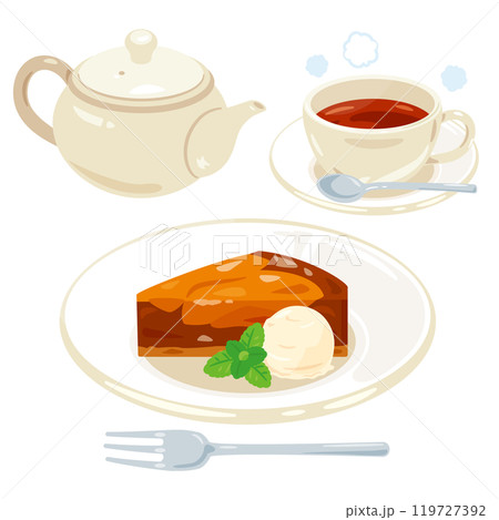 皿に盛られたタルトタタンと紅茶セット 119727392