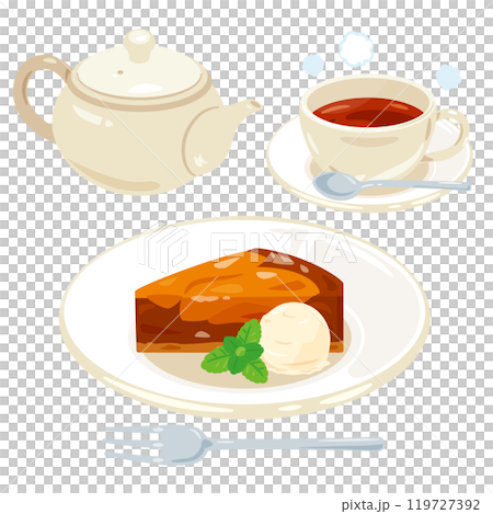 皿に盛られたタルトタタンと紅茶セット 119727392