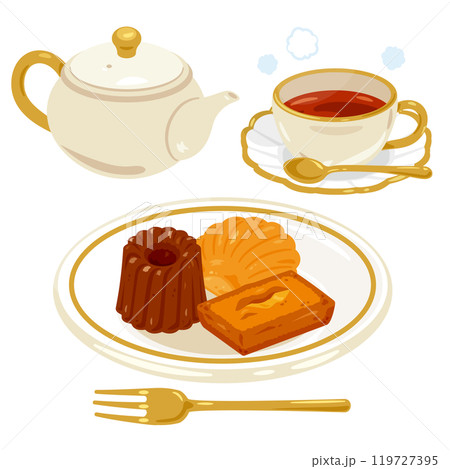 皿に盛られた焼き菓子と紅茶セット 皿に盛られた焼き菓子と紅茶セット 119727395