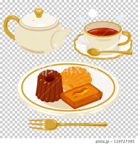 皿に盛られた焼き菓子と紅茶セット 皿に盛られた焼き菓子と紅茶セット 119727395