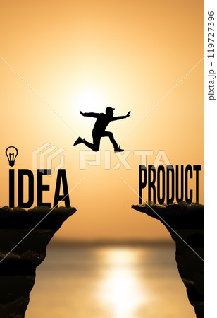 From idea to product concept. Jumping businessman against sunset. Business, company, development concept. 119727396