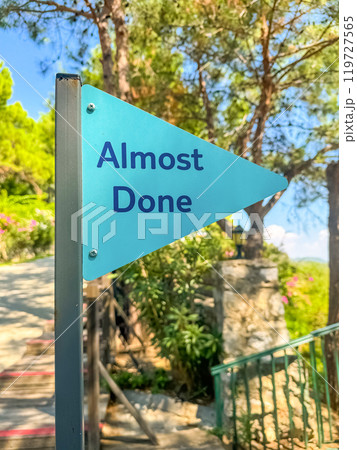 blue Direction arrow. Signpost outdoor. Forest road hiking trail. High quality photo 119727565