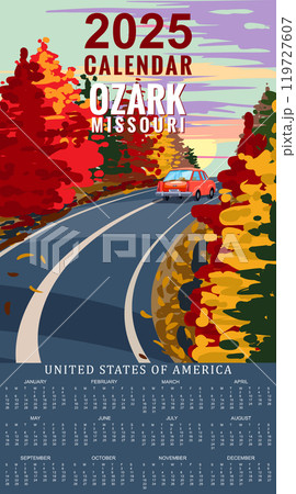 Calendar Monthly 2025 Ozark Missouri travel vintage poster, autumn road, car. Retro illustration 119727607