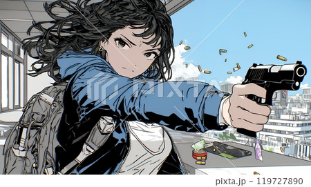 拳銃を撃つ若い女性