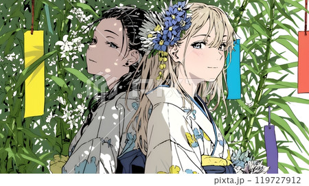 七夕飾りと浴衣を着た若い女性たち
