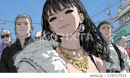 取り巻きを引き連れ街を闊歩している極妻