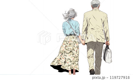 手をつないで歩いている老カップル
