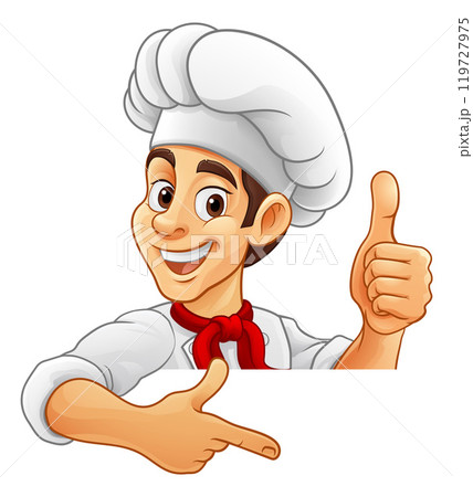 Chef Baker Cook Cartoon Man Thumb Up Pointing Sign Chef Baker Cook Cartoon Man Thumb Up Pointing Sign 119727975