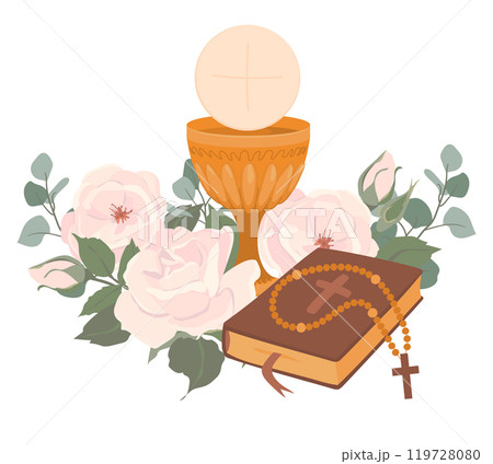 Golden cup, Bible and bread. Vector icon of the first communion. The main symbols of Christianity are the sacrifice of Jesus Christ. Grail and church bread. The altar is decorated with flowers. 119728080