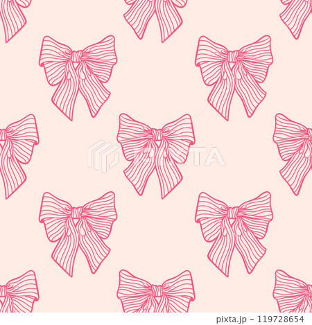 Seamless pattern with various bows in pink tones. Coquette core. Flat background design. Repeating print for fabric, wrapping paper, textile Seamless pattern with various bows in pink tones. Coquette core. Flat background design. Repeating print for fabric, wrapping paper, textile 119728654
