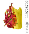 Pitaya slices, watercolor stain. Hand drawn watercolor illustration of ripe exotic dragon fruit for background, card, design 119728702