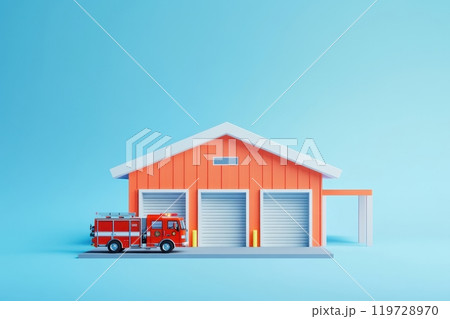 A red fire truck is parked in front of a red building 119728970