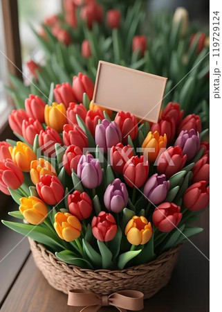 Brightly coloured tulips in a wicker basket with ribbon and a blank sign with a place for a message Brightly coloured tulips in a wicker basket with ribbon and a blank sign with a place for a message 119729124