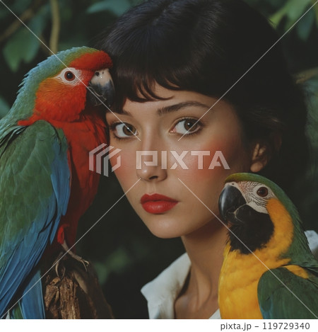 Image of a girl with parrots. 119729340