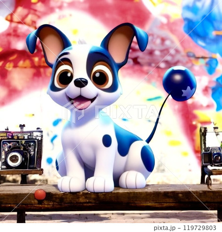 テーブルの上に未来からきた可愛いたれ耳の仔犬がいる 119729803