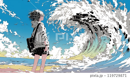 大波を見ている少女：困難に立ち向かう決意