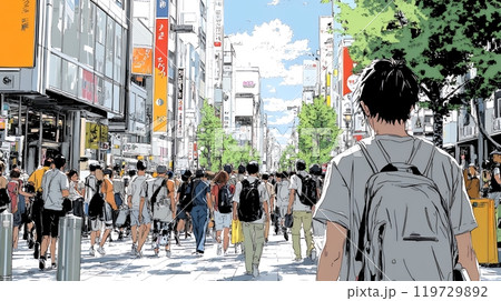 晴れた日に東京の商店街を歩く